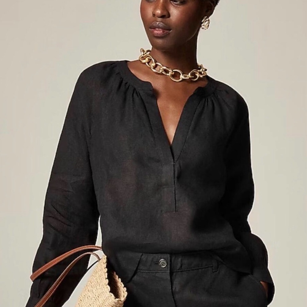 J. Crew Black Long-Sleeve V-Neck Linen Blouse